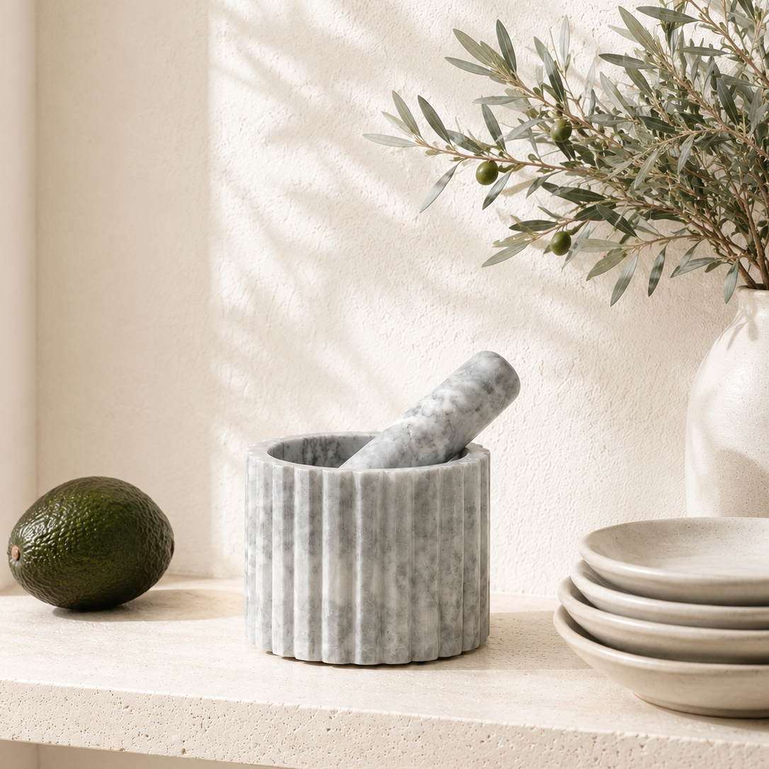 Touche Deco Fluted Marble Mortar & Pestle