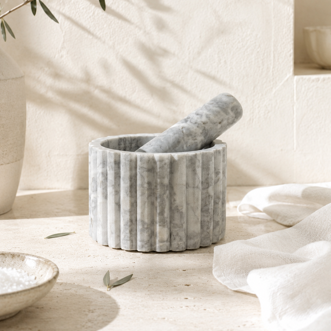Touche Deco Fluted Marble Mortar & Pestle