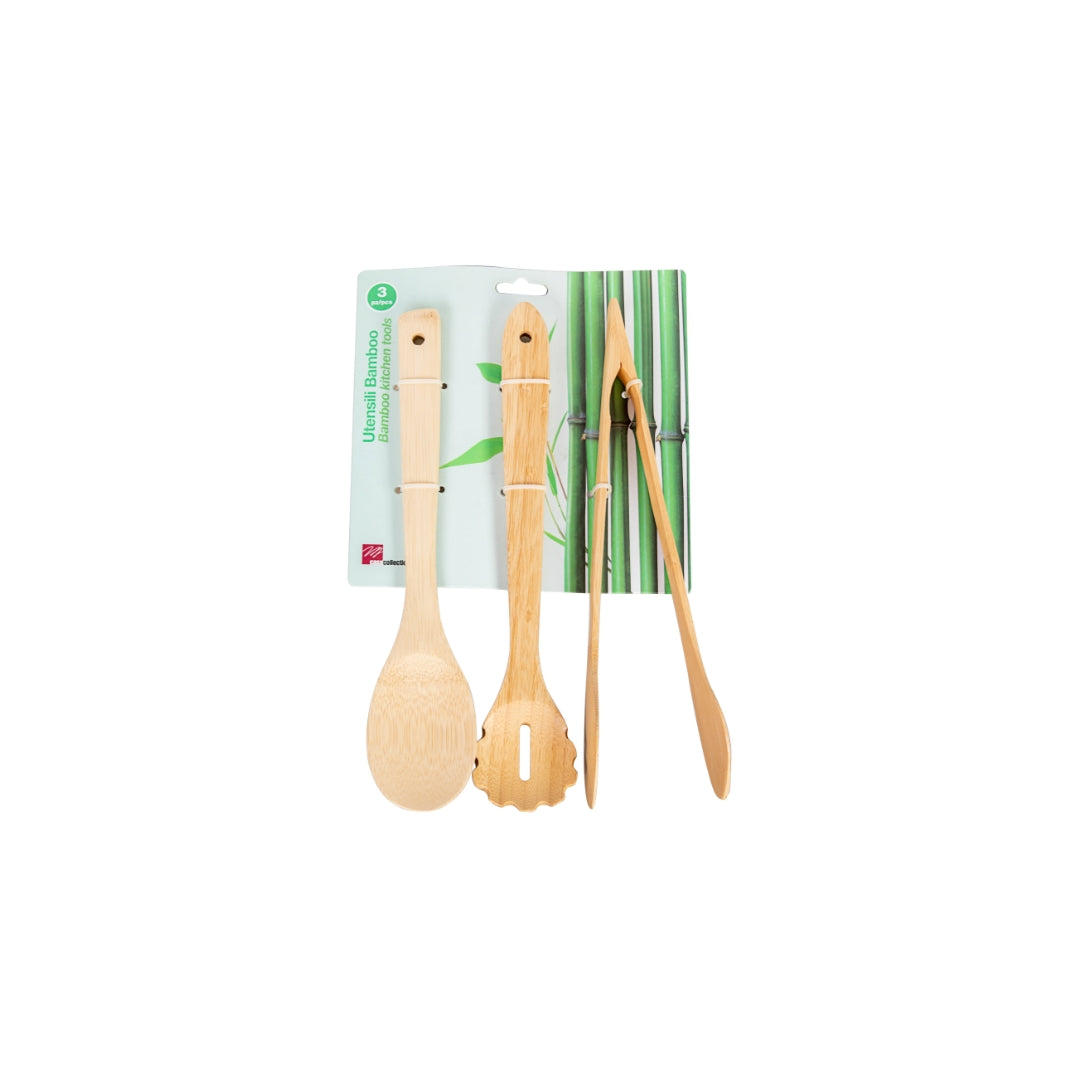 3-Piece Bamboo Kitchen Utensils Set – Spoons, Tongs & Spaghetti Server | Eco-Friendly, Non-Scratch & Easy-to-Clean