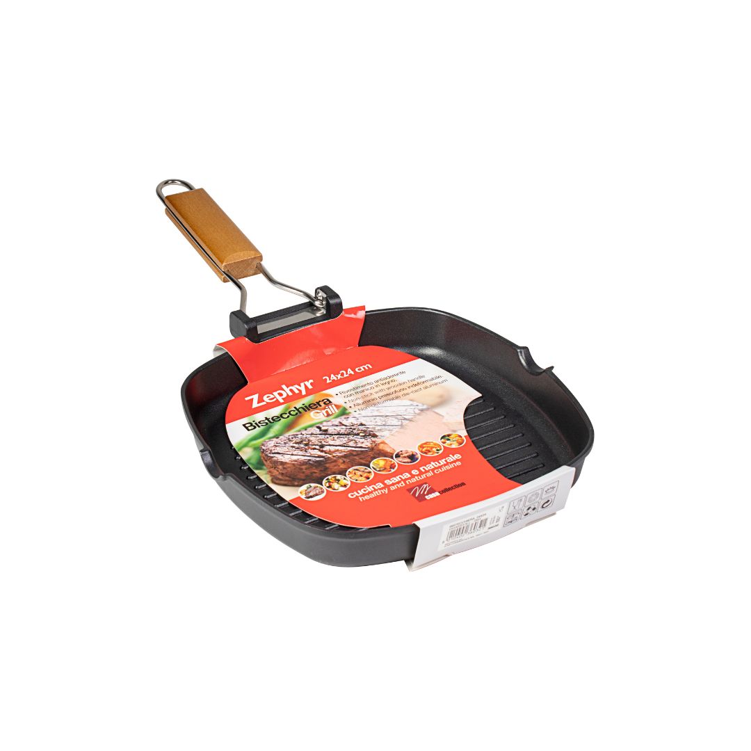 Non-Stick Die-Cast Aluminum Grill Pan 24/28 cm – Induction-Compatible, Pour Spouts, Wooden Handle | Durable & Easy-to-Clean Cookware for Healthy Grilling at Home, Cafes & Restaurants