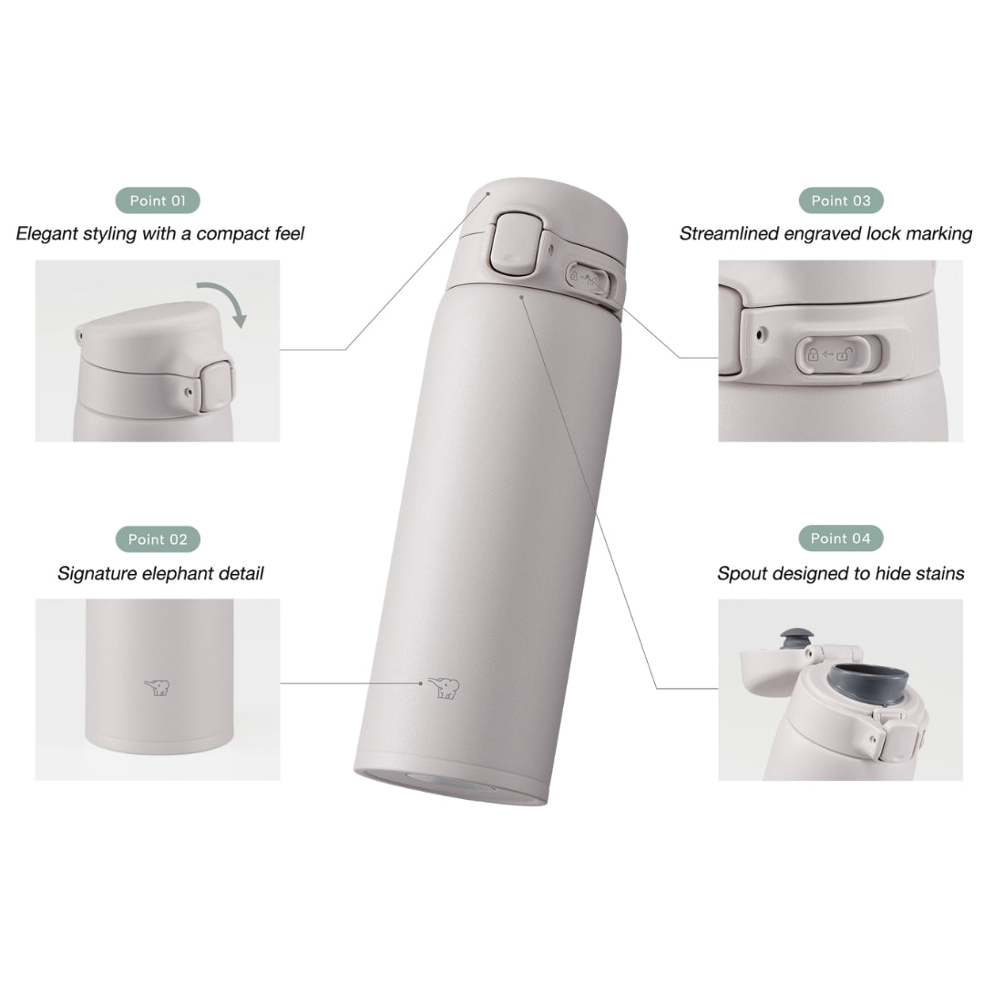 Gray travel mug with features highlighted on a white background