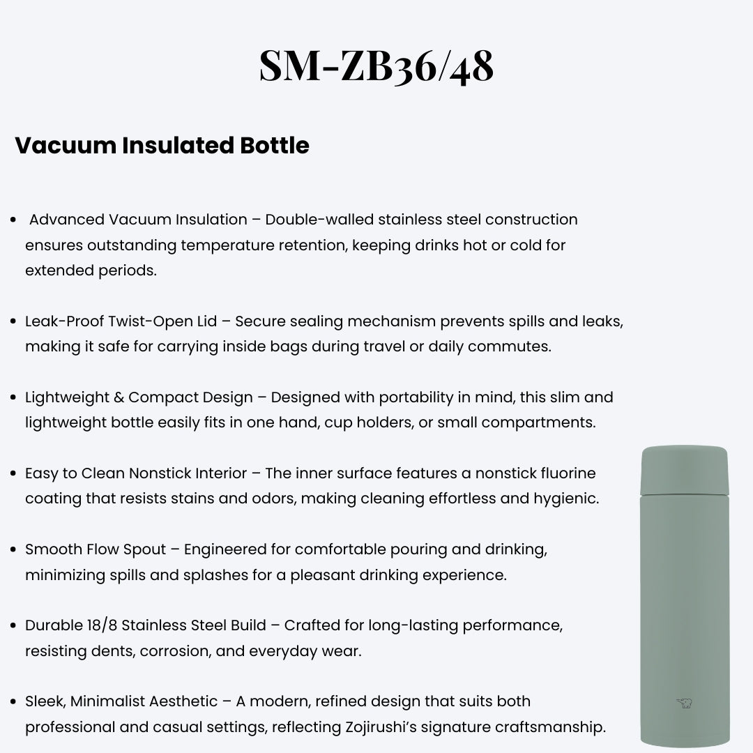 Zojirushi SM-ZB36/48 Vacuum Bottle – Hot & Cold Insulated, Leak-Proof, Lightweight, and Durable Travel Thermos