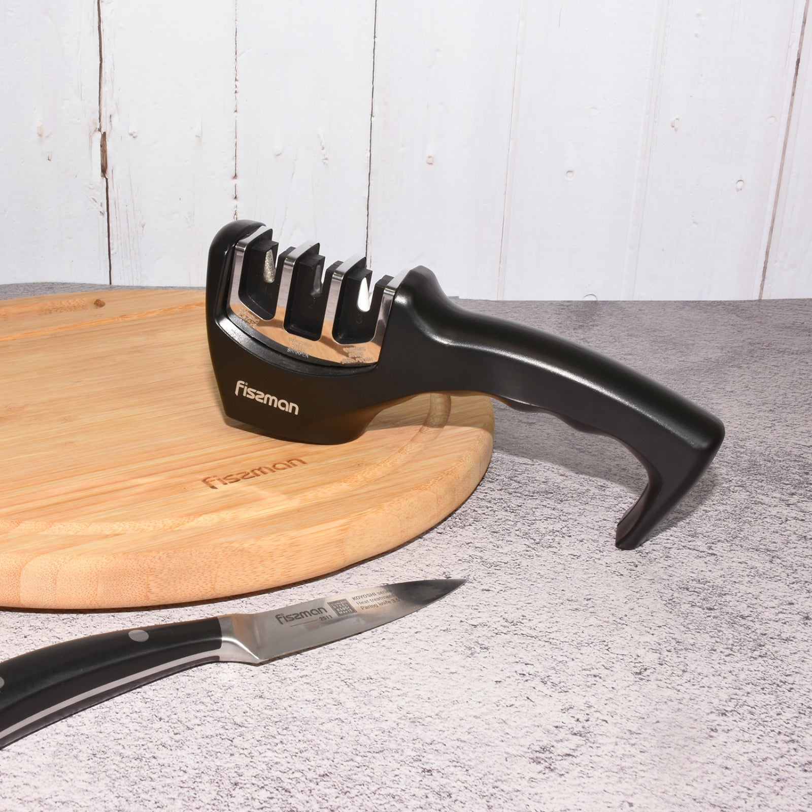 Fissman Knife sharpener 21x5x7 cm BLACK for three-step sharpening (ceramic, carbide, diamond)