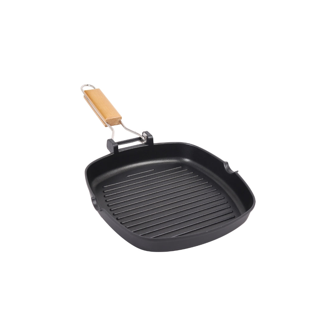 Non-Stick Die-Cast Aluminum Grill Pan 24/28 cm – Induction-Compatible, Pour Spouts, Wooden Handle | Durable & Easy-to-Clean Cookware for Healthy Grilling at Home, Cafes & Restaurants