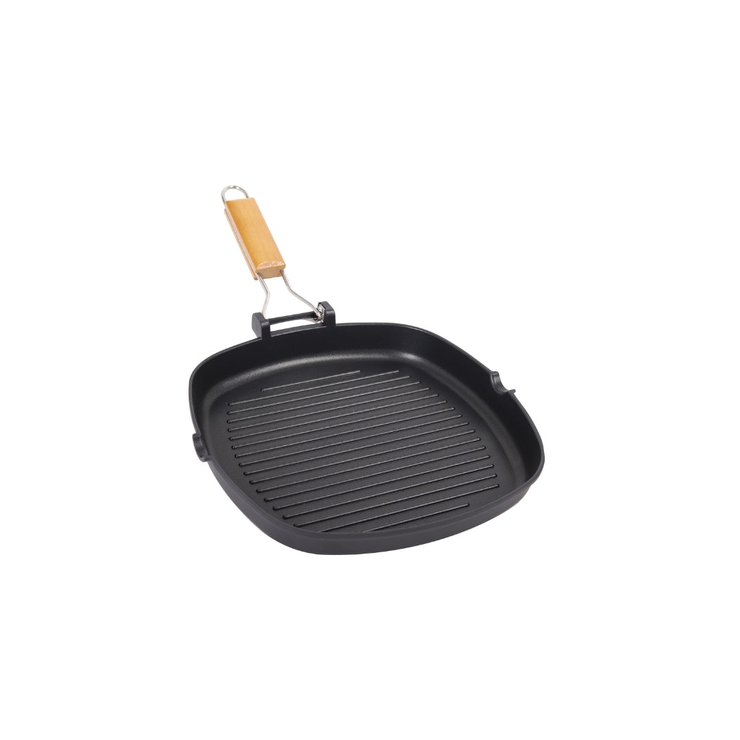 Non-Stick Die-Cast Aluminum Grill Pan 24/28 cm – Induction-Compatible, Pour Spouts, Wooden Handle | Durable & Easy-to-Clean Cookware for Healthy Grilling at Home, Cafes & Restaurants