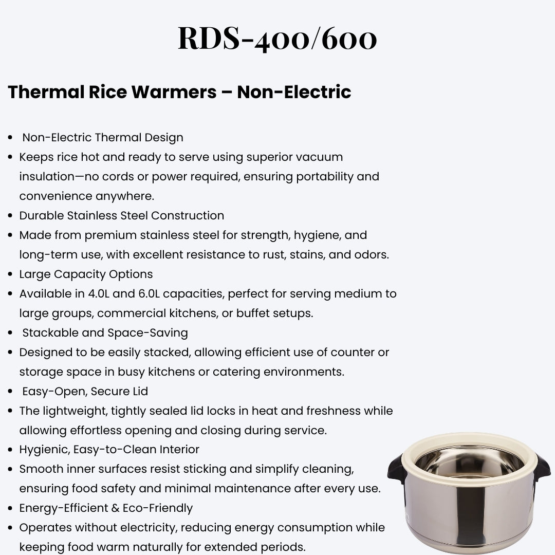 Zojirushi RDS-400/600 Thermal Rice Warmers – Non-Electric, Stackable, Stainless Steel, Keeps Rice Hot for Hours