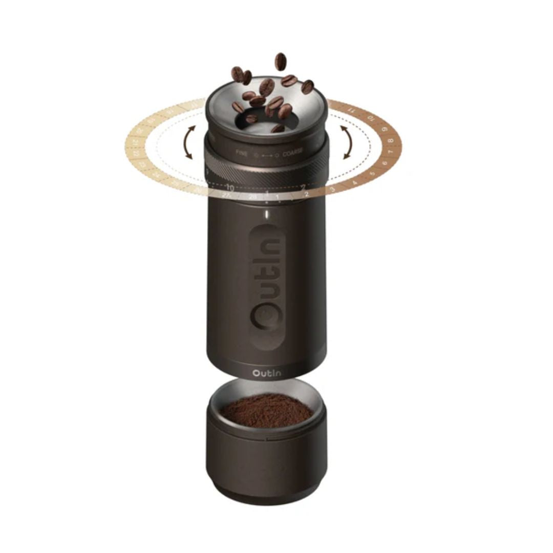 Outin Fino portable electric coffee grinder in tundra brown finish.