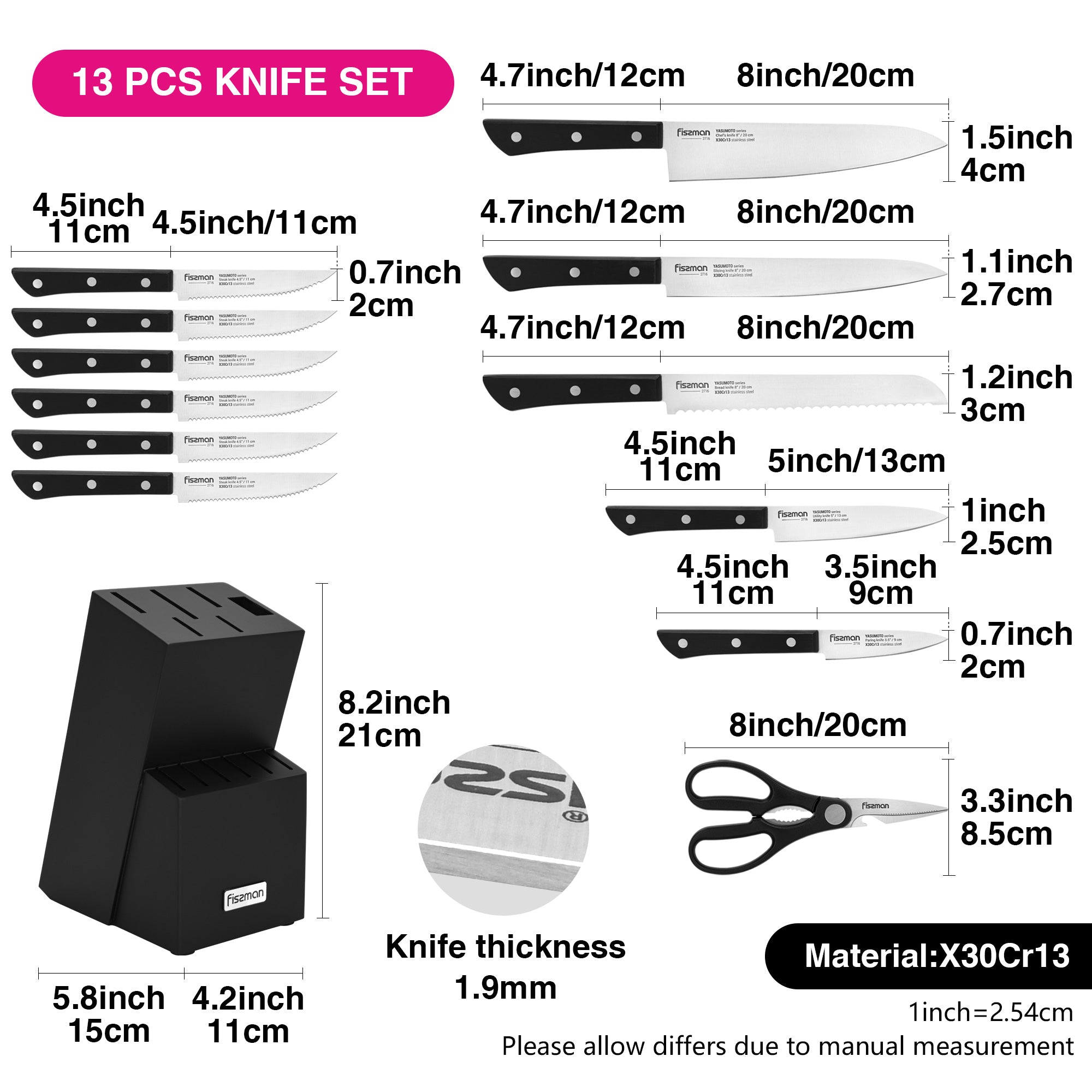Fissman 13-Piece Knife Set Yasumoto with Wooden Block X30Cr13 Steel