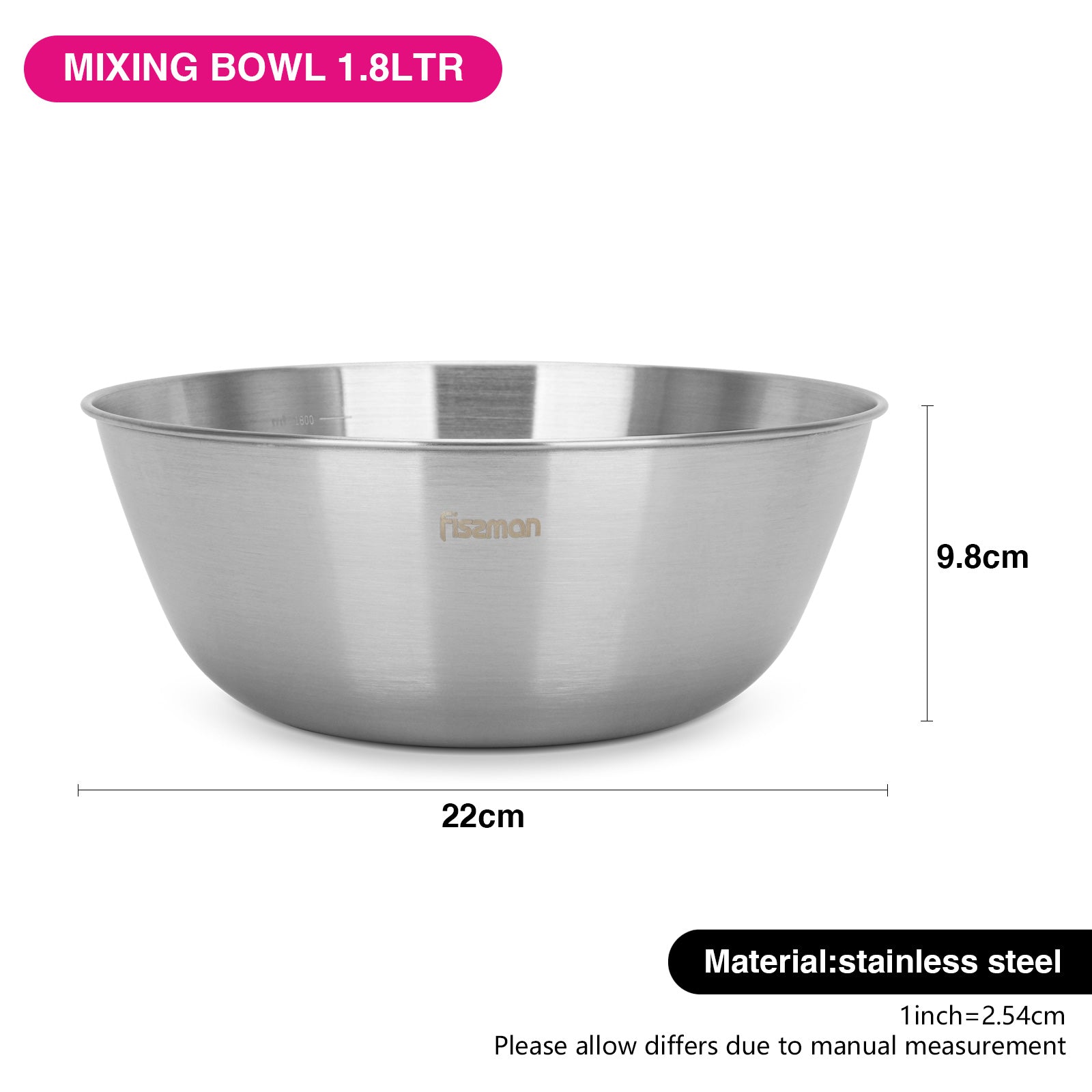 FISSMAN 1.8L Stainless Steel Mixing Bowl - Premium Mirror Polish