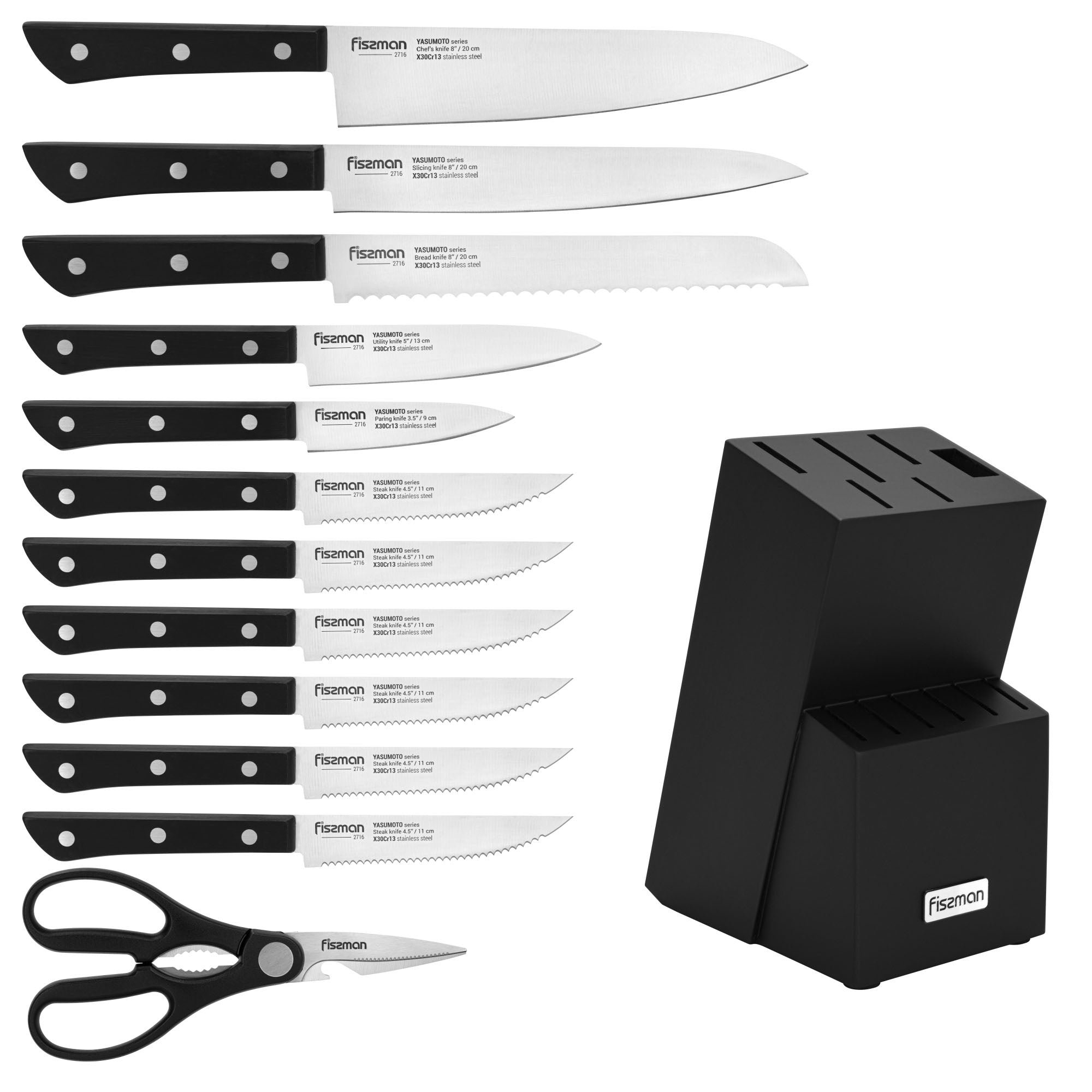 Fissman 13-Piece Knife Set Yasumoto with Wooden Block X30Cr13 Steel