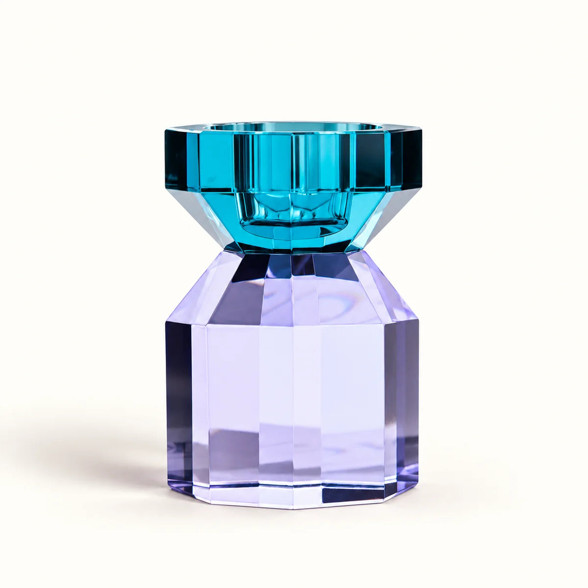 Touche Deco Iris crystal candle holder in deep teal and lavender octagonal base