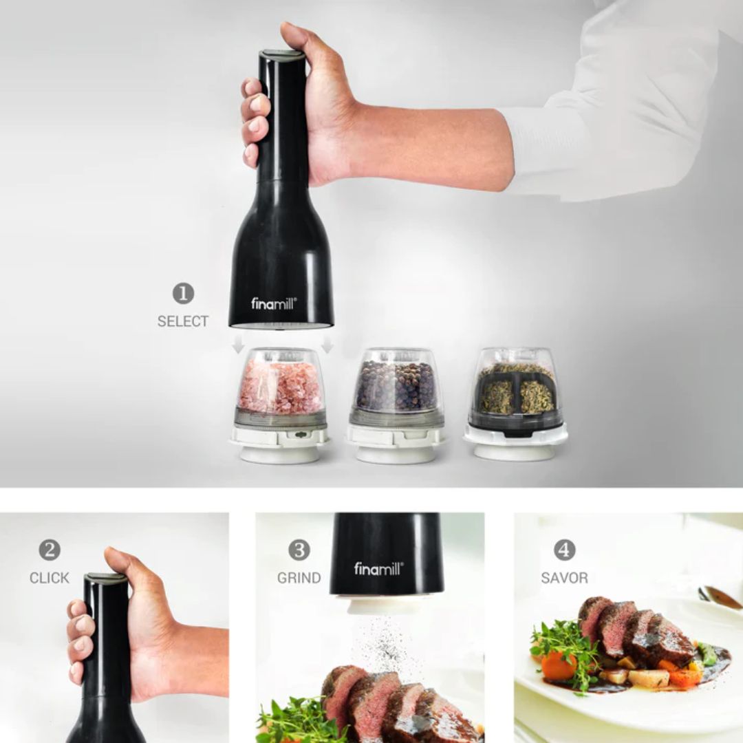 Finamill Battery Operated Spice Grinder w/two pods- Midnight Black