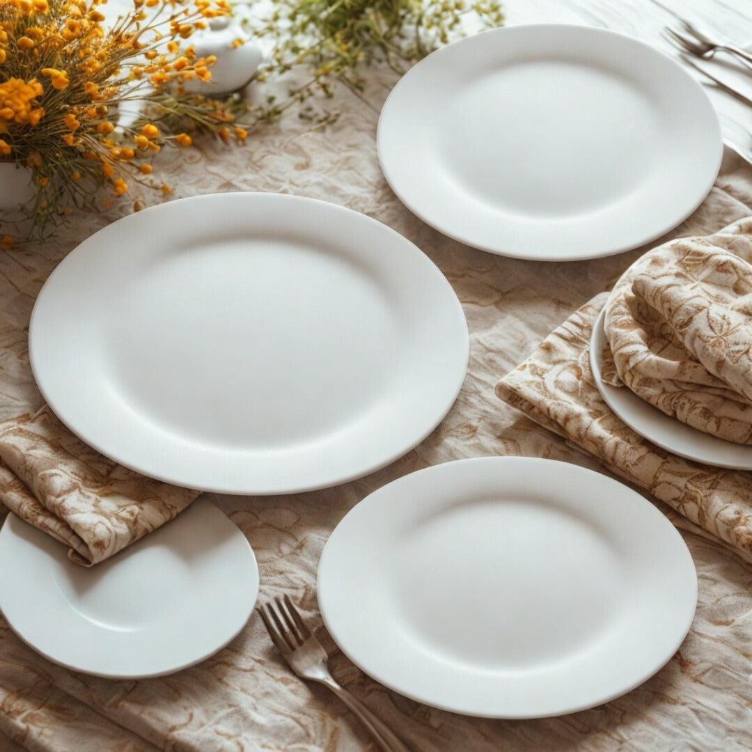 AJ Porcelain 8/9.75/12 Inches Flat Plate – Classic White Ceramic Tableware for Cafes, Restaurants & Home Use | Durable & Easy to Clean