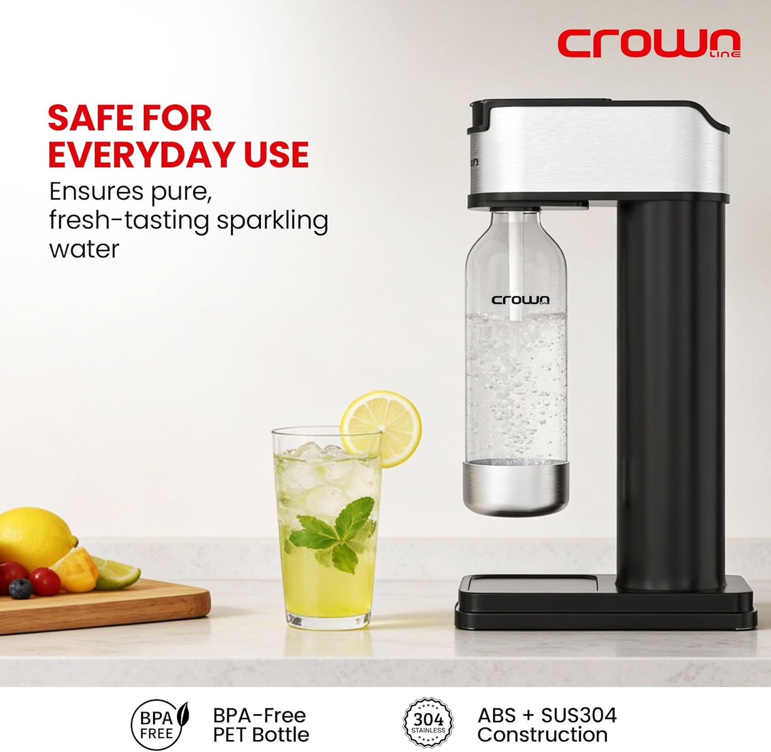 Crownline SM-454/B Soda Maker – 850-900ml Capacity, BPA-Free PET Bottle, Quick Screw Design, Makes Up to 60L per Cylinder, Includes 0.6L/425g CO2 Gas Cylinder – Complete Sparkling Water Kit