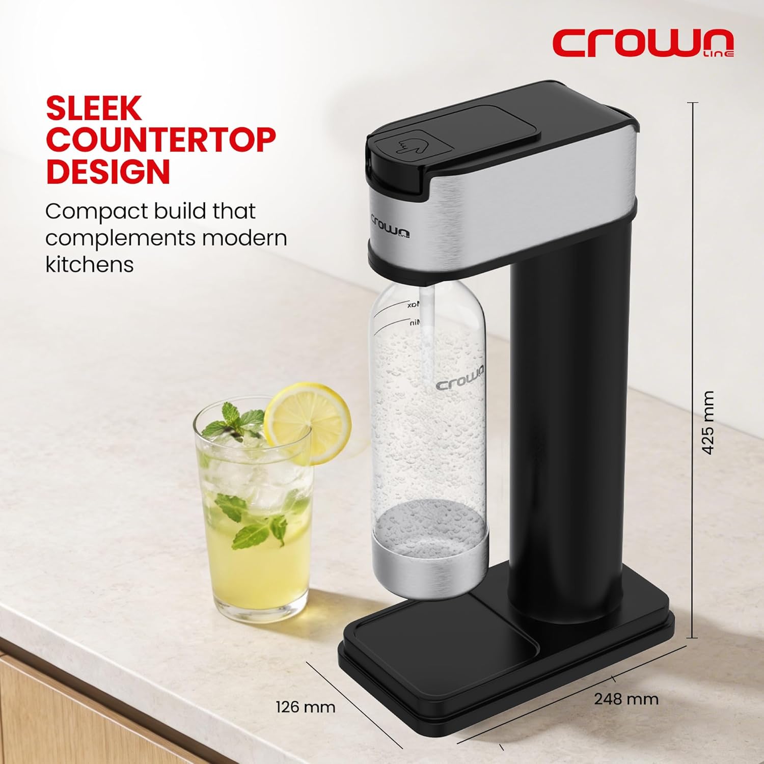 Crownline SM-454/B Soda Maker – 850-900ml Capacity, BPA-Free PET Bottle, Quick Screw Design, Makes Up to 60L per Cylinder, Includes 0.6L/425g CO2 Gas Cylinder – Complete Sparkling Water Kit