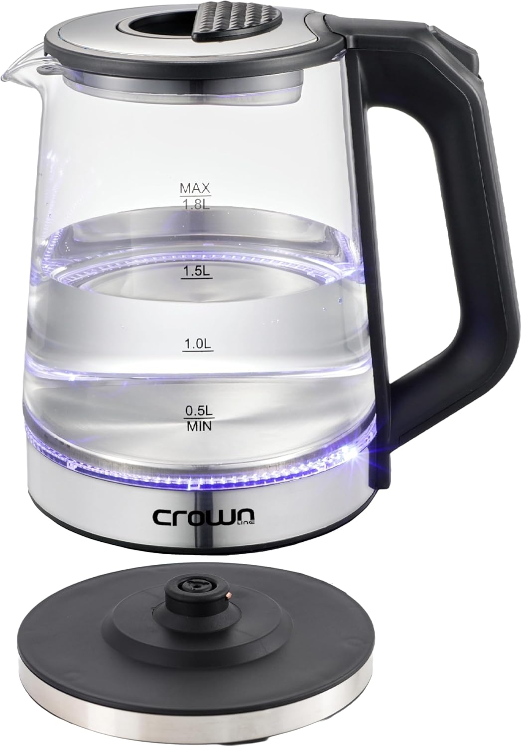 Close-up of the Crownline kettle's one-touch lid release and ergonomic handle.