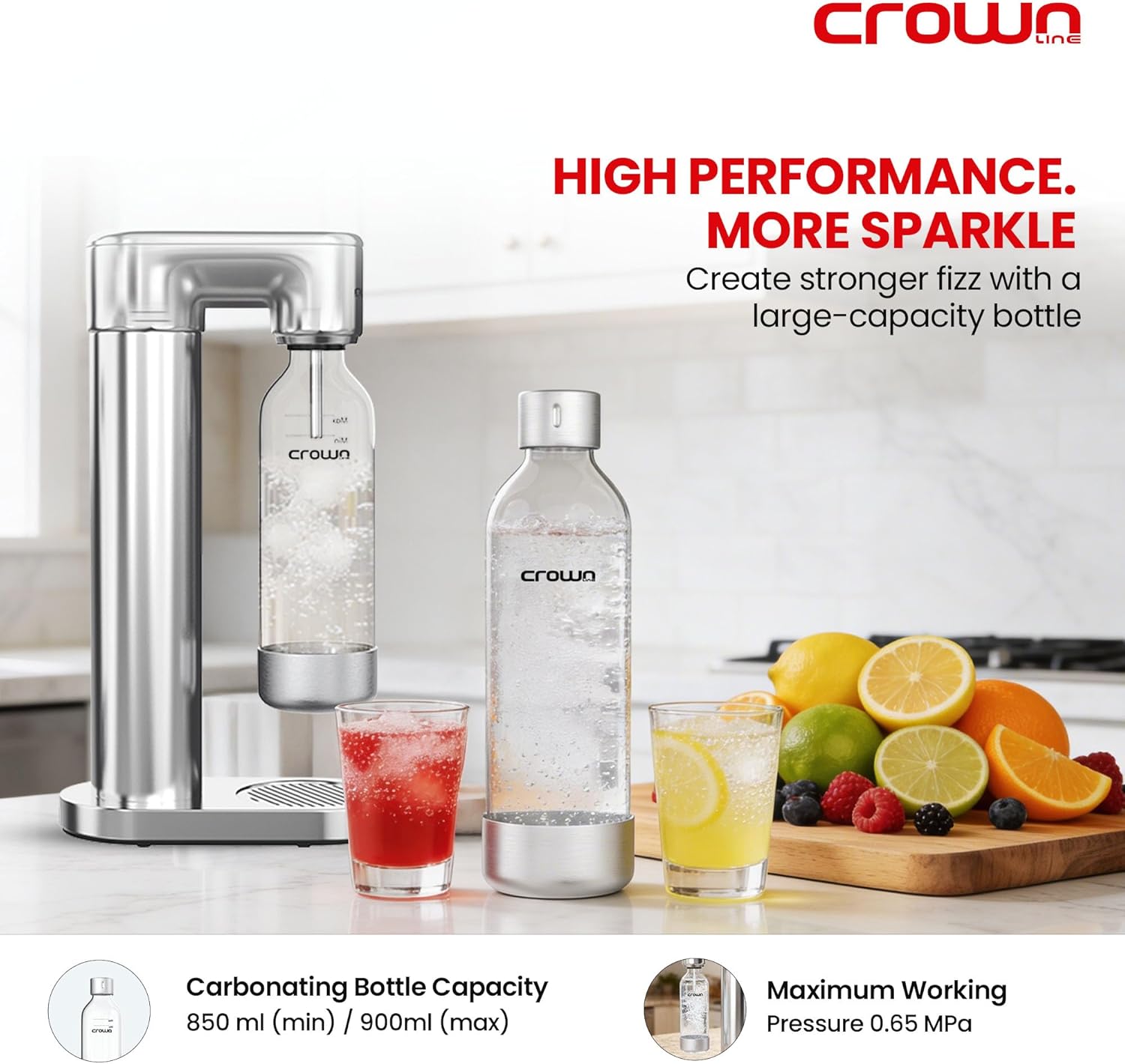 Crownline SM-455/B Soda Maker Set – 850-900ml Capacity, BPA-Free PET Bottle, Quick Screw Design, Makes Up to 60L per Cylinder, Includes 0.6L/425g CO2 Gas Cylinder – Complete Sparkling Water Kit