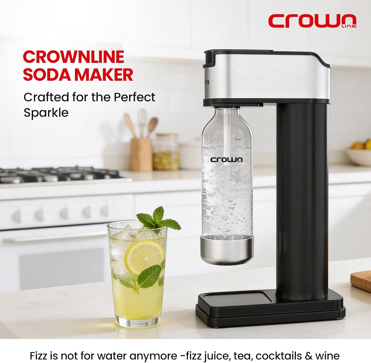 Crownline SM-454/B Soda Maker – 850-900ml Capacity, BPA-Free PET Bottle, Quick Screw Design, Makes Up to 60L per Cylinder, Includes 0.6L/425g CO2 Gas Cylinder – Complete Sparkling Water Kit