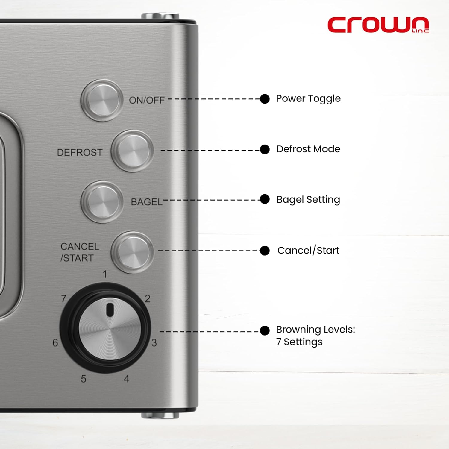 Crownline TR-274 2-slice toaster with glass viewing window in stainless steel menu- cookette