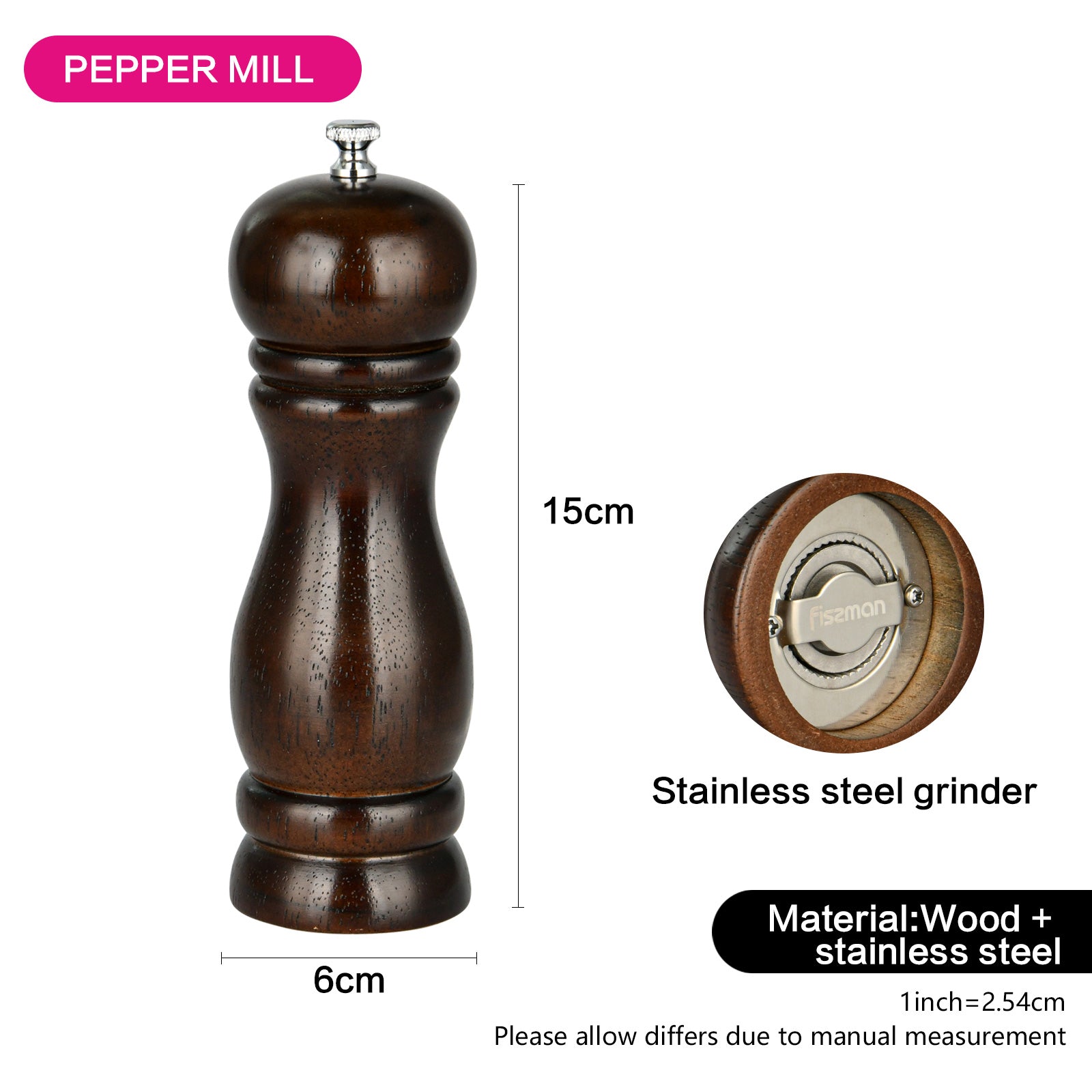 Fissman Pepper mill 16x5 cm (rubber wood body with stainless steel grinder)