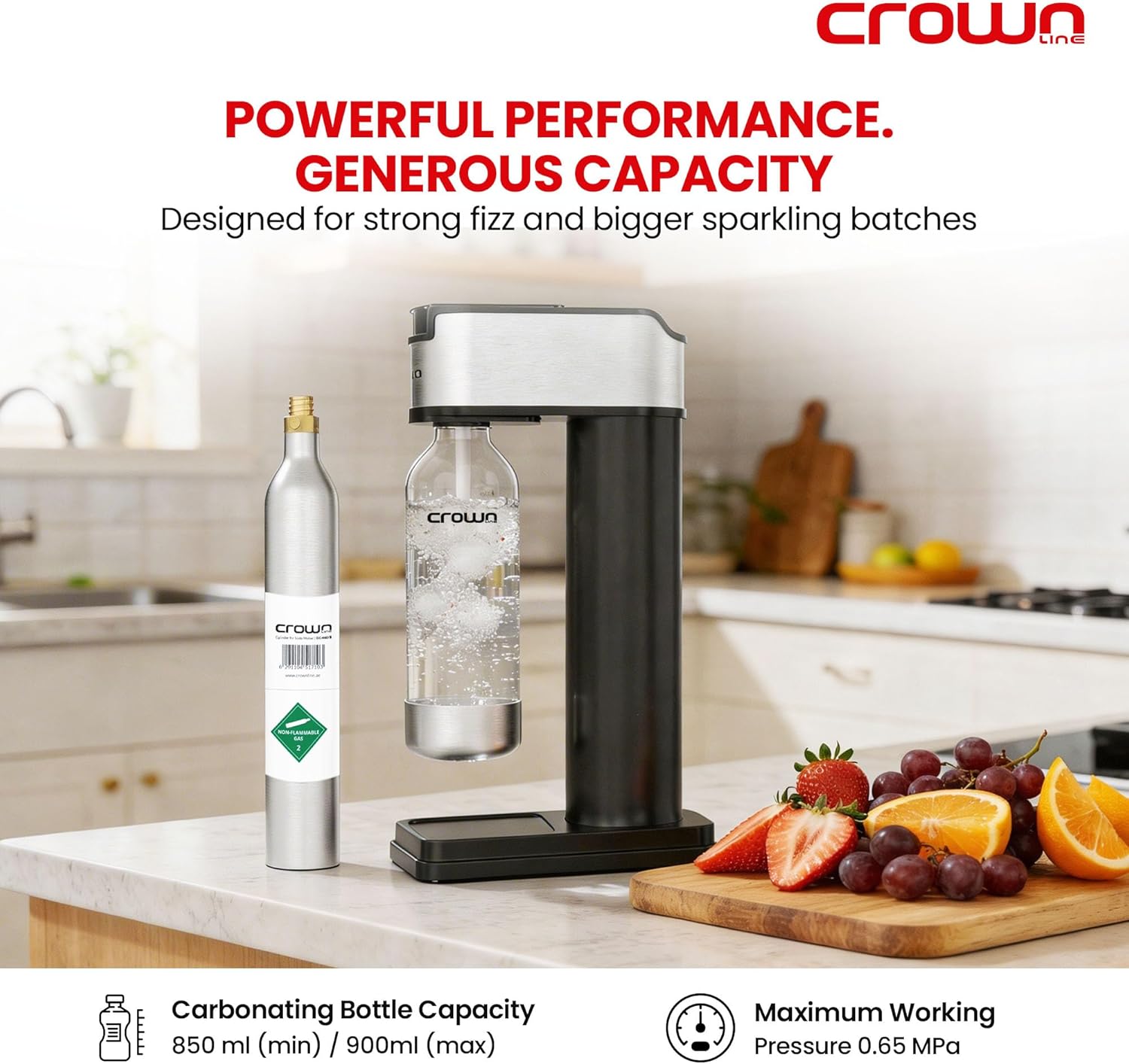 Crownline SM-454/B Soda Maker – 850-900ml Capacity, BPA-Free PET Bottle, Quick Screw Design, Makes Up to 60L per Cylinder, Includes 0.6L/425g CO2 Gas Cylinder – Complete Sparkling Water Kit