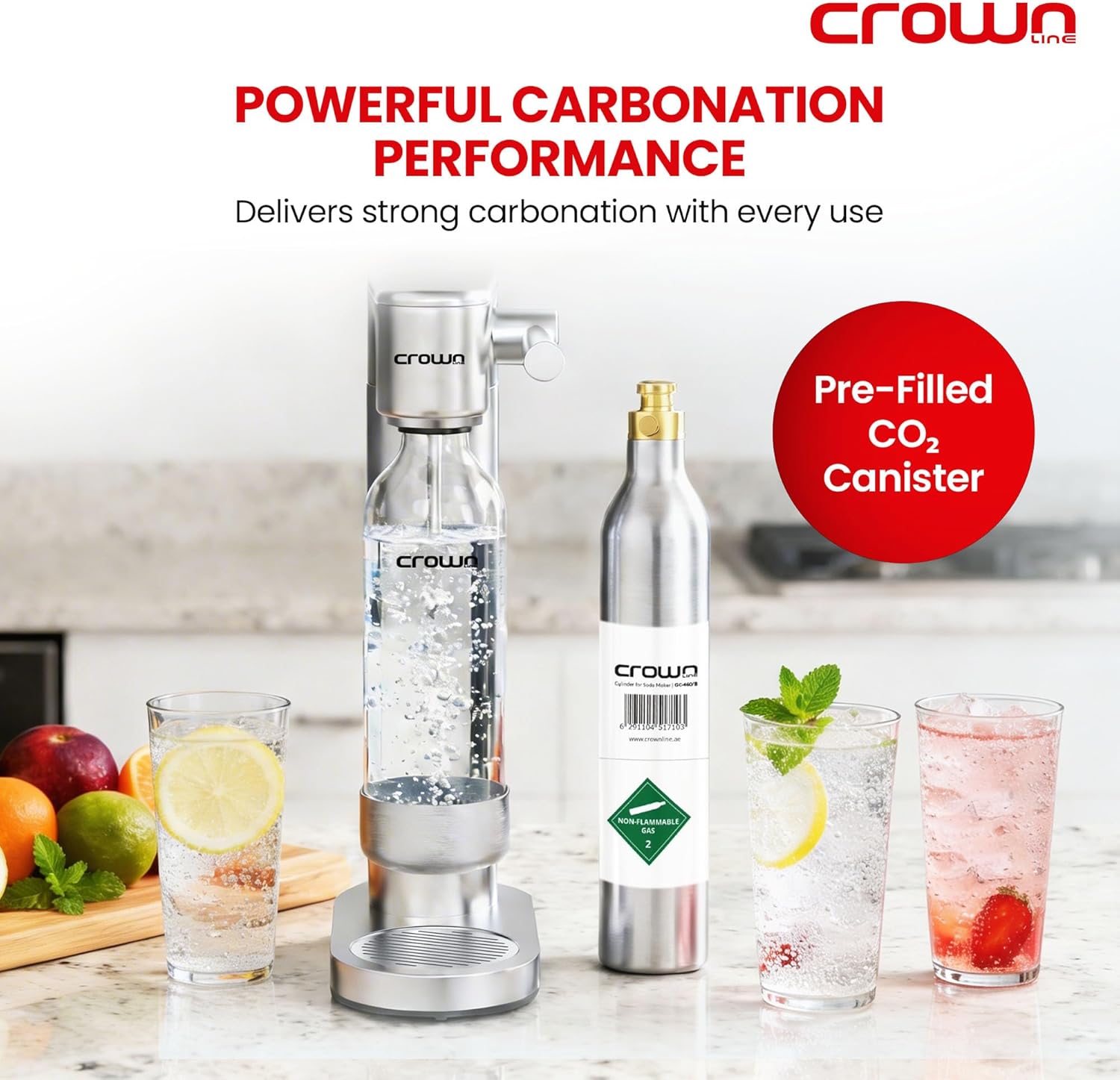 Crownline SM-455/B Soda Maker Set – 850-900ml Capacity, BPA-Free PET Bottle, Quick Screw Design, Makes Up to 60L per Cylinder, Includes 0.6L/425g CO2 Gas Cylinder – Complete Sparkling Water Kit