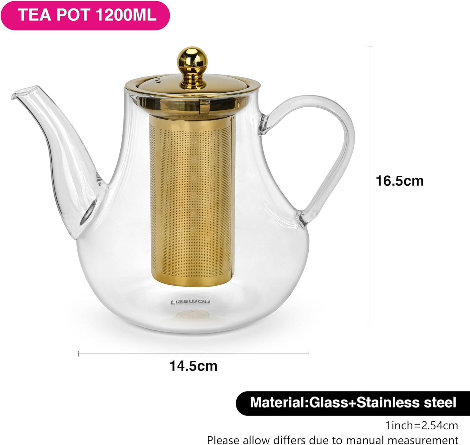 Fissman 1200ml Glass Teapot with Infuser - Large Borosilicate Pot