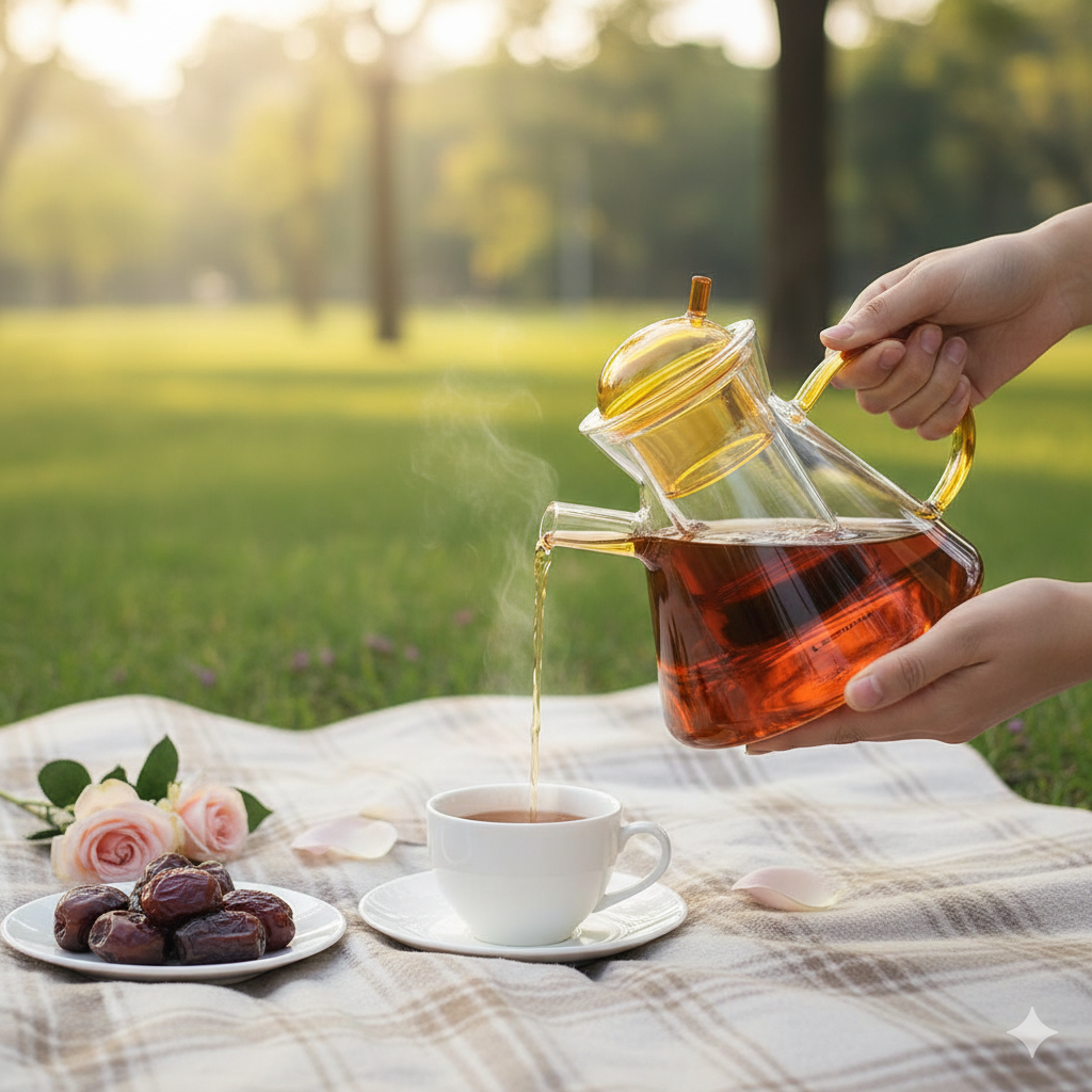 Pouring hot tea from a clear Fissman glass teapot into a cup.