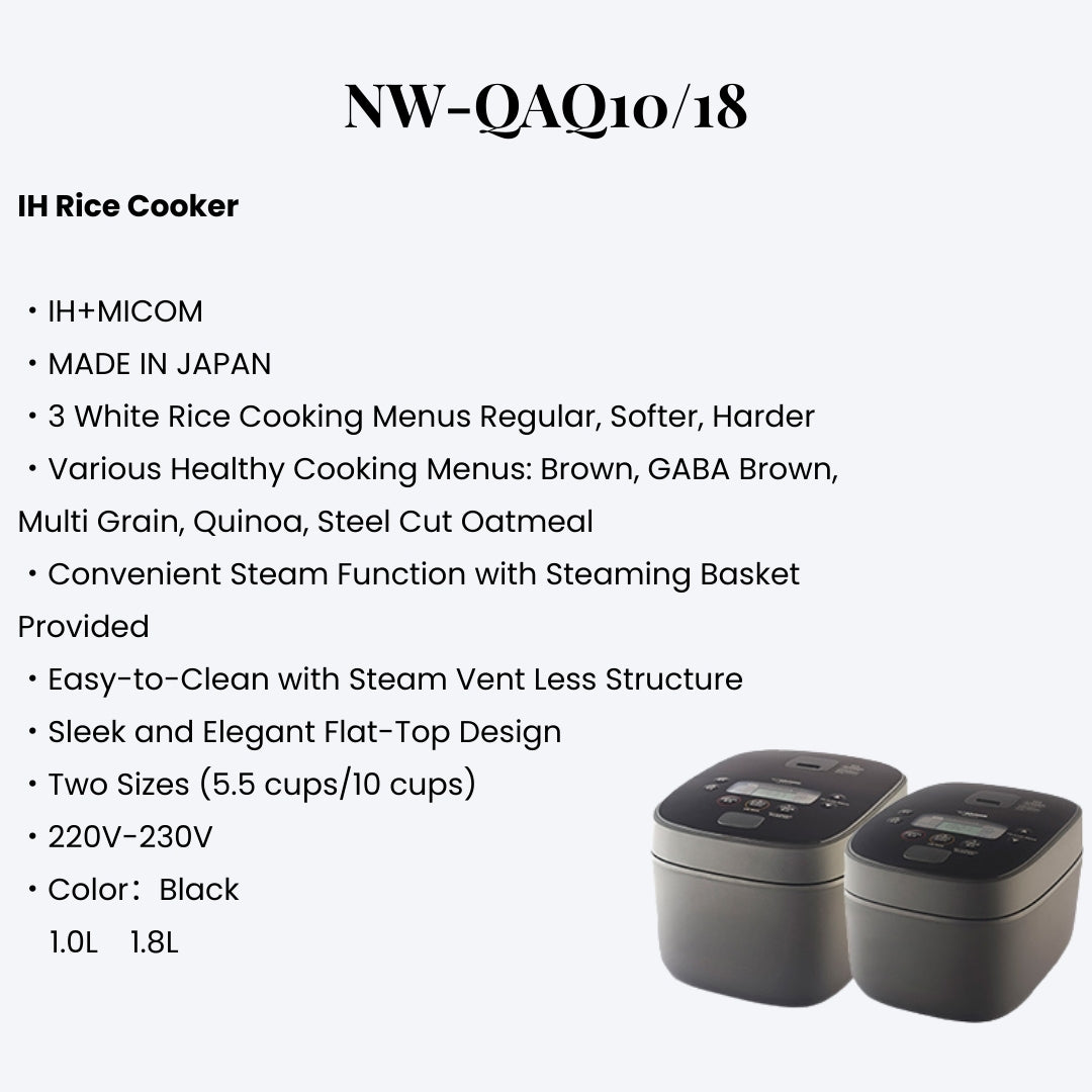 Zojirushi NW-QAQ Induction Heating (IH) Micom Rice Cooker & Warmer – Made in Japan (1.0L / 1.8L) – Black