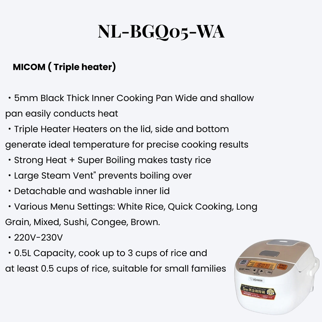 Zojirushi NL-BGQ05-WA - 0.5 L Micom Rice Cooker & Warmer – White | Compact Japanese Rice Cooker