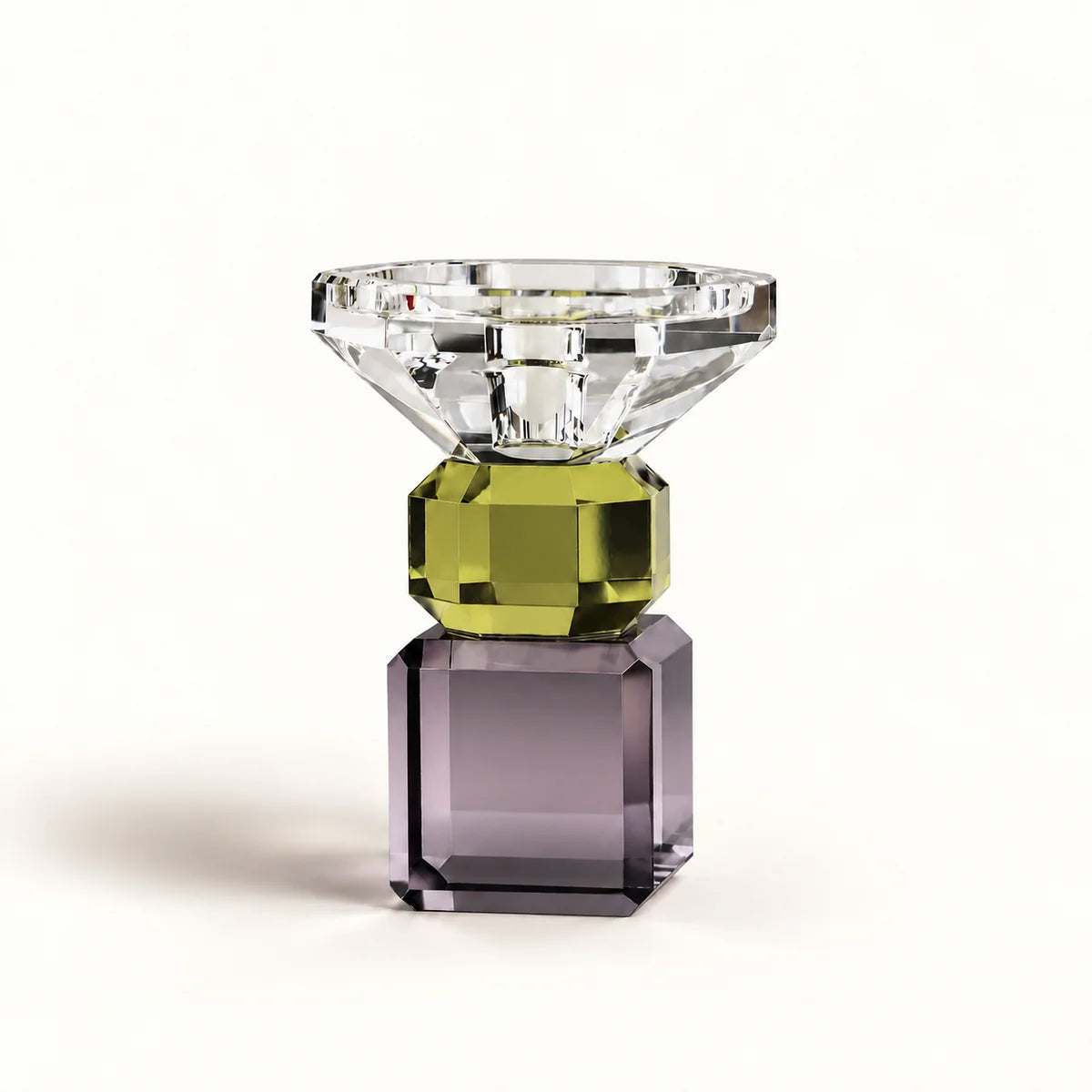Touche Deco Iris crystal candle holder in dusty mauve and chartreuse front view