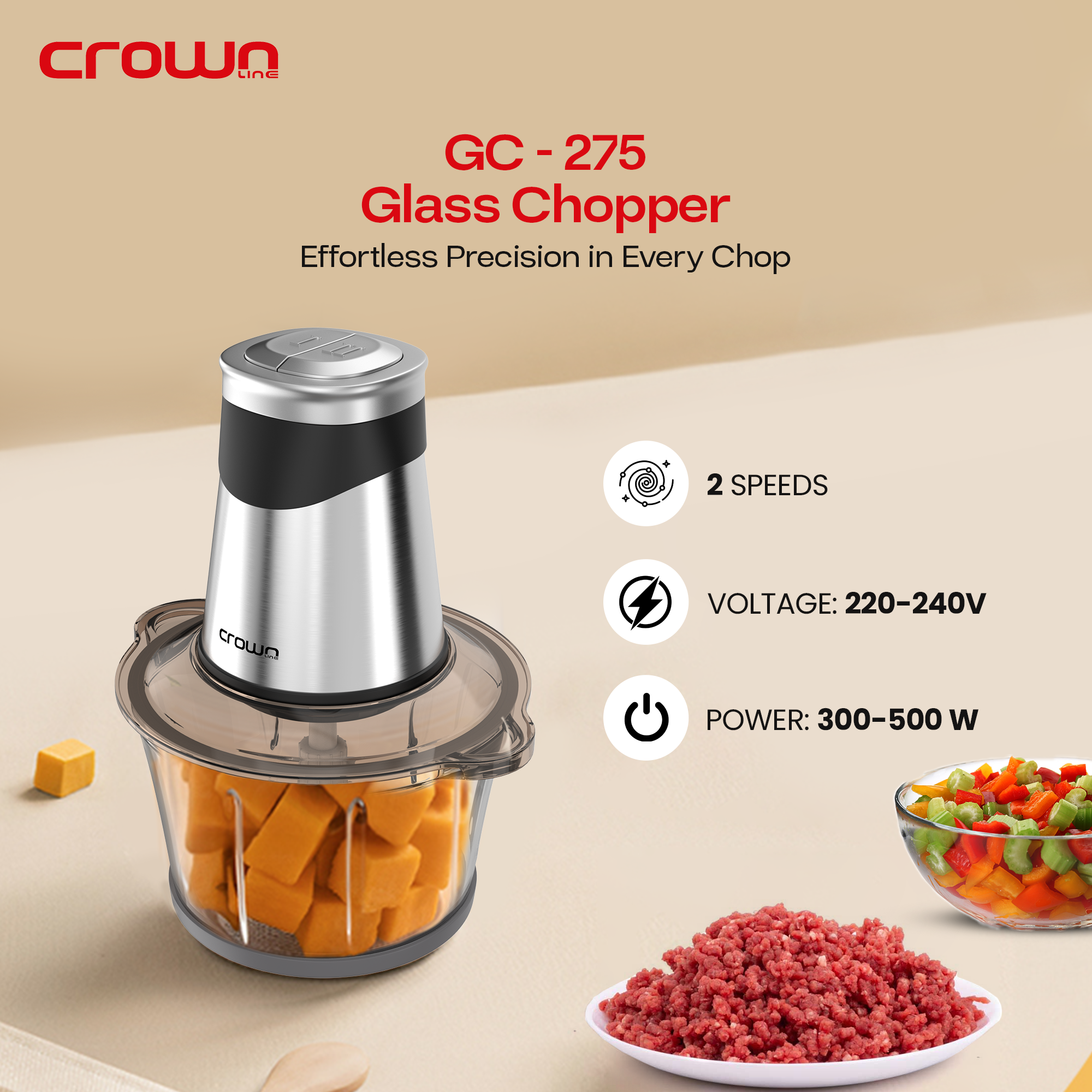 Crownline GC-275 Food Chopper/Mincer/Grinder, 2-Speed, Glass bowl: 1.8L, 4-SS Blades, 220-240V, 50-60Hz, 300-500W