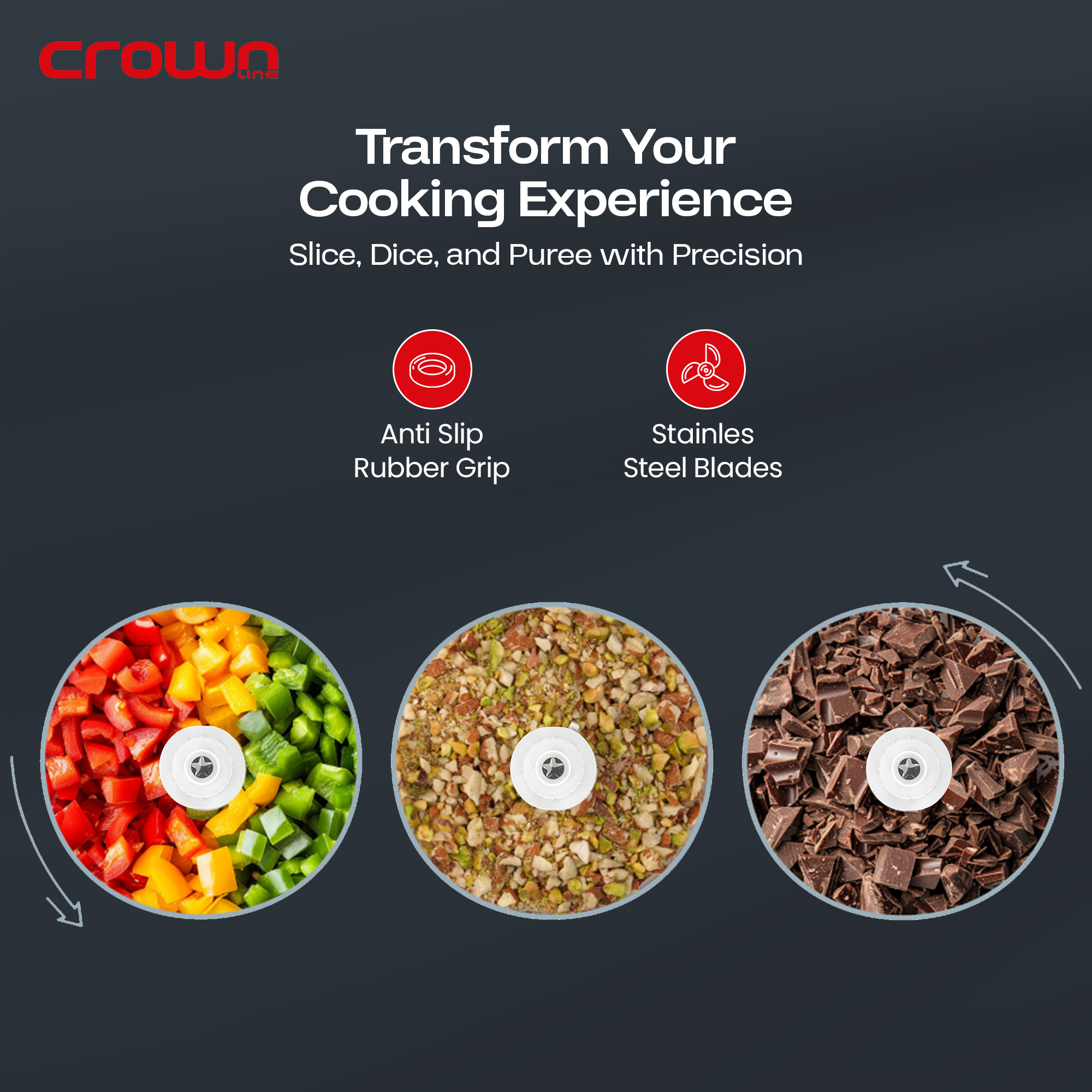 Crownline GC-275 Food Chopper/Mincer/Grinder, 2-Speed, Glass bowl: 1.8L, 4-SS Blades, 220-240V, 50-60Hz, 300-500W