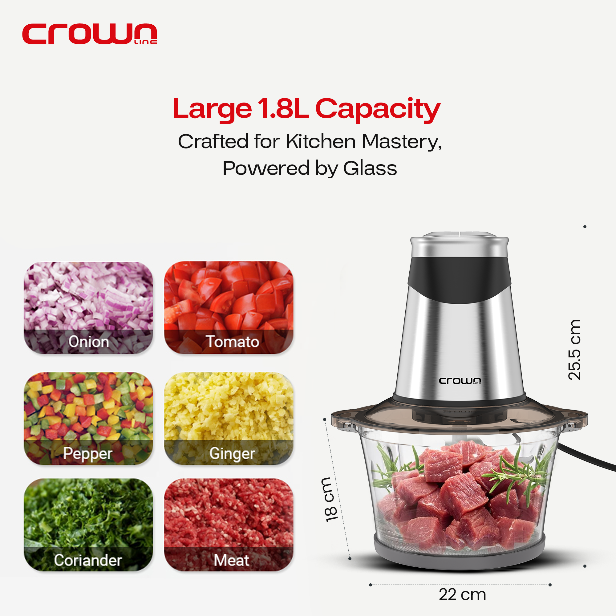 Crownline GC-275 Food Chopper/Mincer/Grinder, 2-Speed, Glass bowl: 1.8L, 4-SS Blades, 220-240V, 50-60Hz, 300-500W