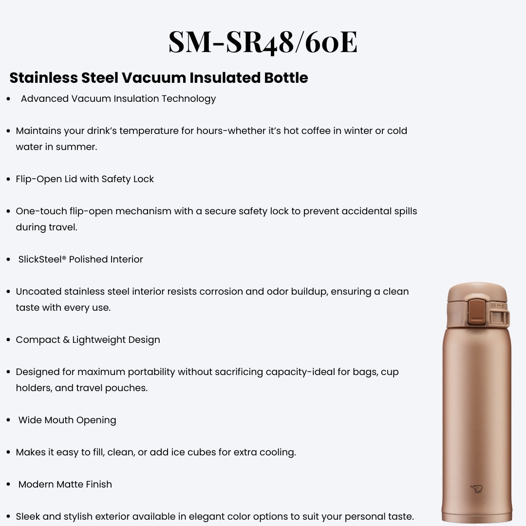 Zojirushi SM-SR48/60E Stainless Steel Vacuum Insulated Bottle – Leak-Proof, Lightweight Thermos for Hot & Cold Beverages, Durable & Portable Travel Mug