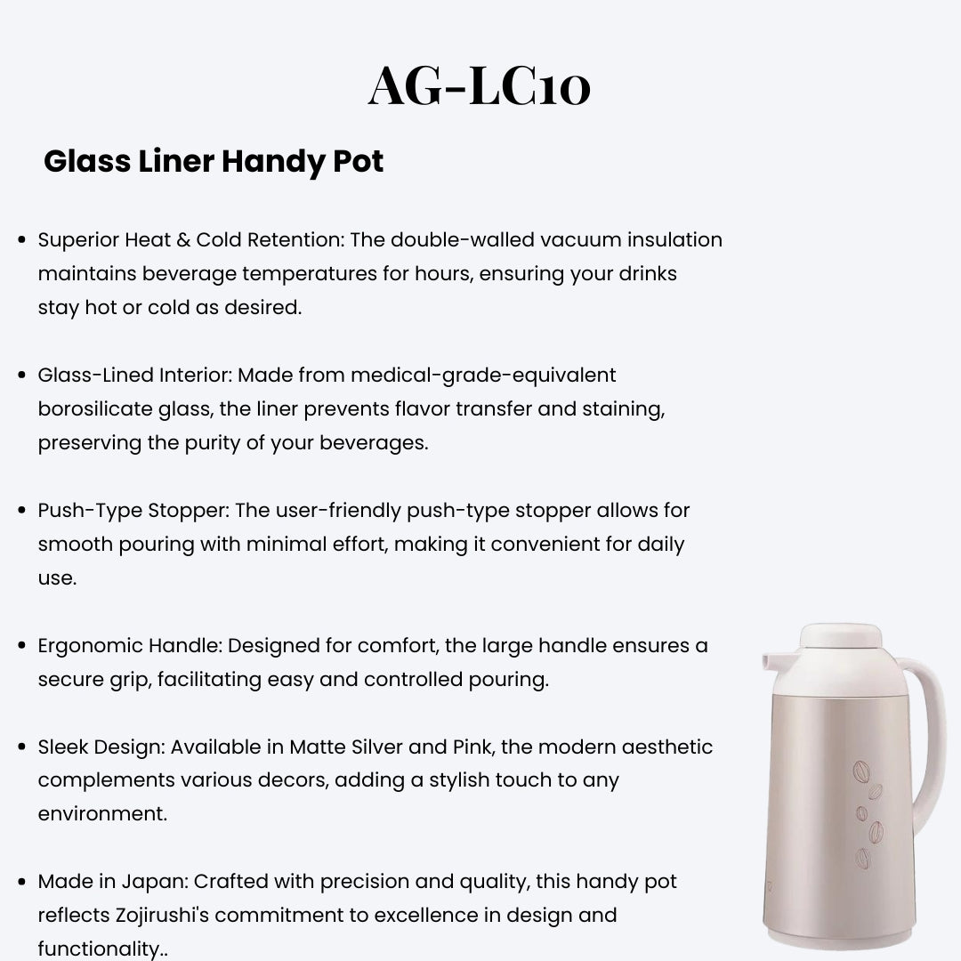 Zojirushi AG-LC10 Vacuum Insulated Handy Pot 1.0L – Glass Liner Thermal Beverage Dispenser for Hot & Cold Drinks