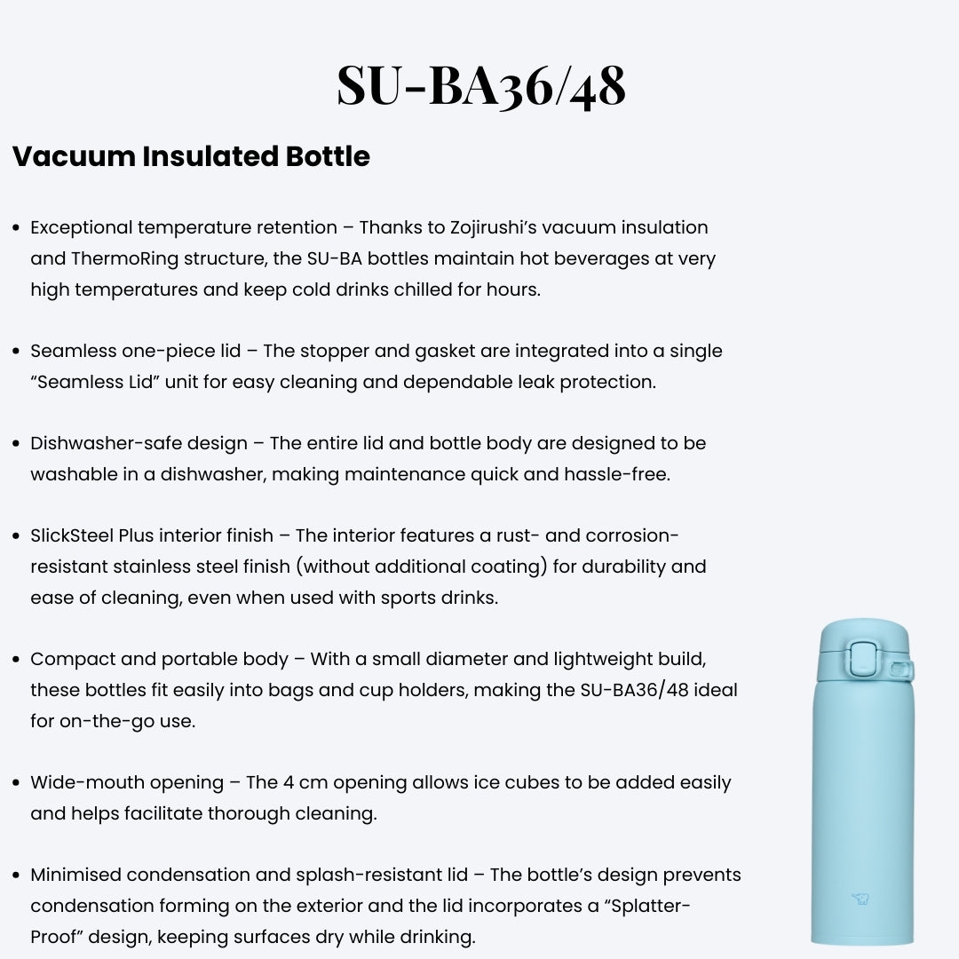 Zojirushi SU-BA36/48 Vacuum Insulated Bottle – Hot & Cold Stainless Steel Travel Thermos, Leak-Proof One-Touch Compact Bottle