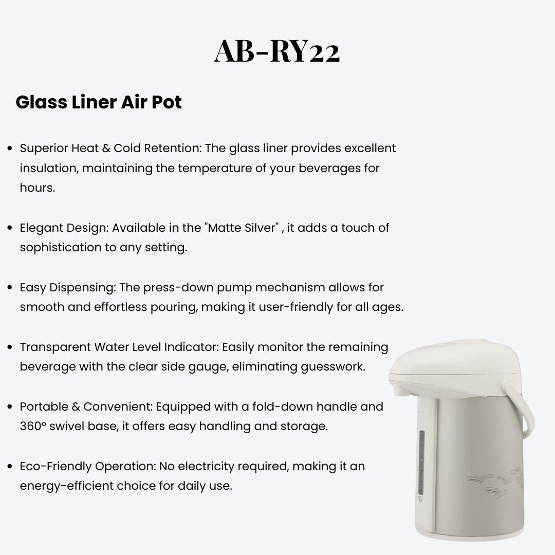 Zojirushi AB-RY22 Glass Liner Air Pot – 2.2L | Hot & Cold Beverage Dispenser