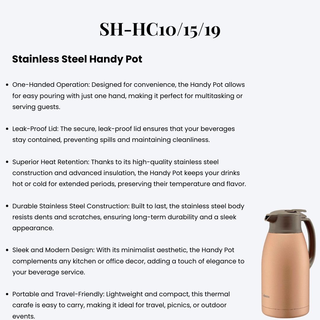 Zojirushi Stainless Steel Thermal Carafe SH-HC10/15/19 - Vacuum Insulated, Leak-Proof, One-Handed Operation, Keeps Drinks Hot/Cold