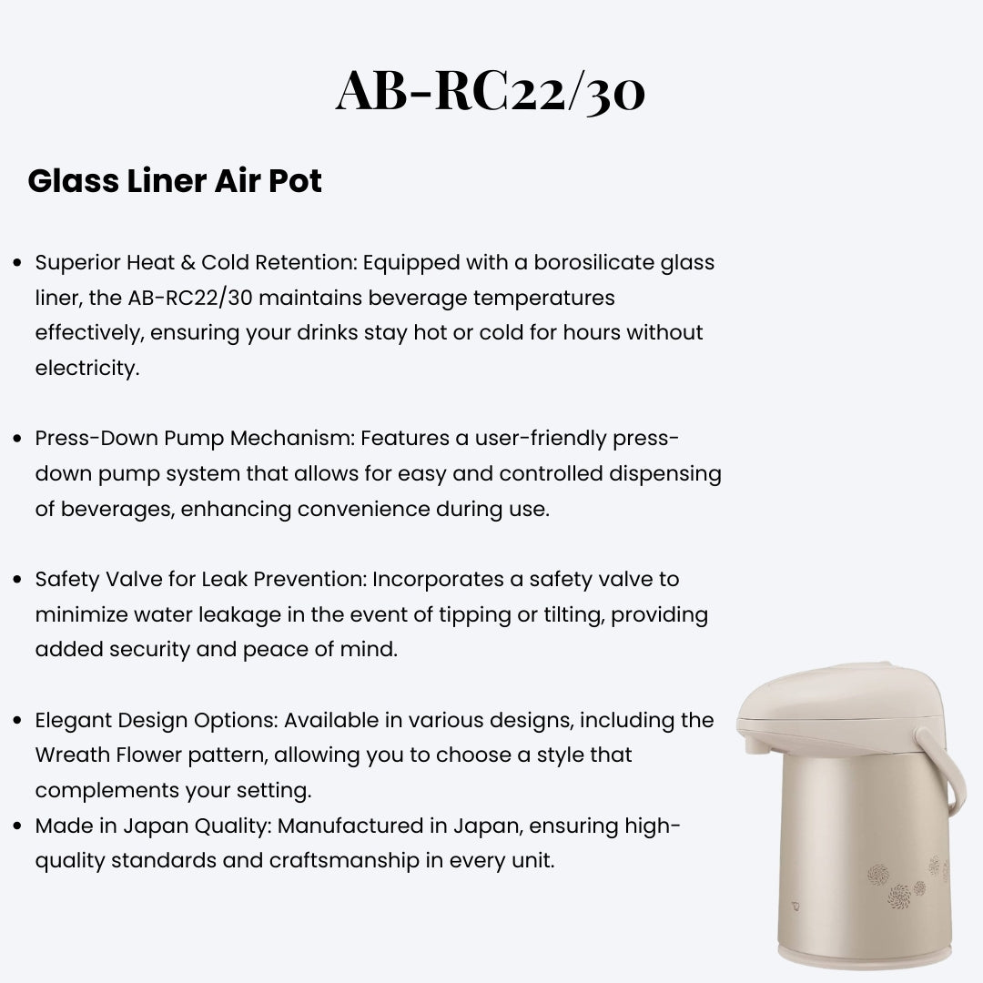 Zojirushi AB-RC22/30 Glass Liner Air Pot – Premium Beverage Dispenser for Hot & Cold Drinks