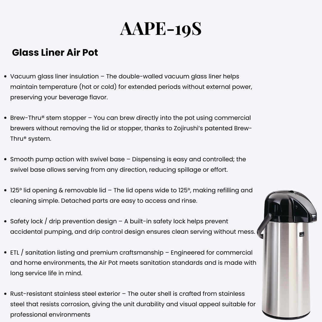 Zojirushi Air Pot AAPE-19S  – Insulated Beverage Dispenser, Leak-Proof & Durable, Hot & Cold Retention for 24h, Ideal for Office or Events