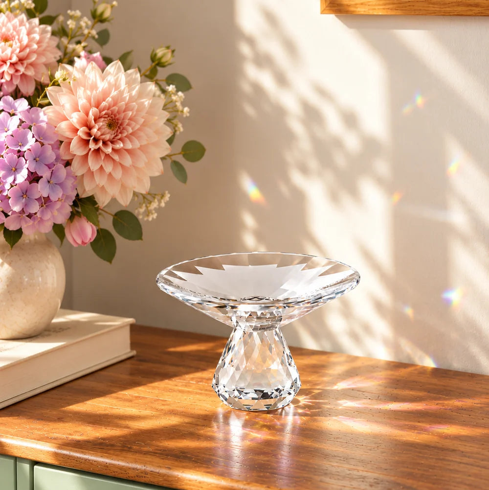 Touche Déco Luna Hand-Faceted Clear Crystal Decorative Pedestal Bowl Lumina Collection