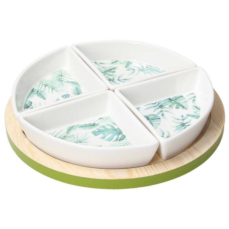 Tognana Tropical-Inspired Porcelain Tapas Set – 4 Premium Bowls with 22 cm Wooden Serving Tray | Elegant, Durable & Restaurant-Grade Serveware