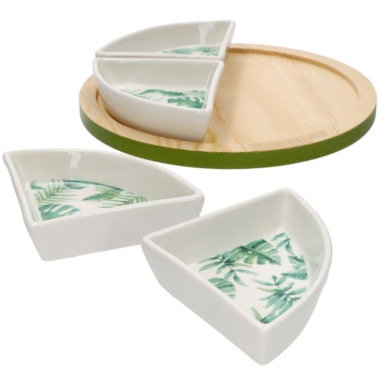 Tognana Tropical-Inspired Porcelain Tapas Set – 4 Premium Bowls with 22 cm Wooden Serving Tray | Elegant, Durable & Restaurant-Grade Serveware