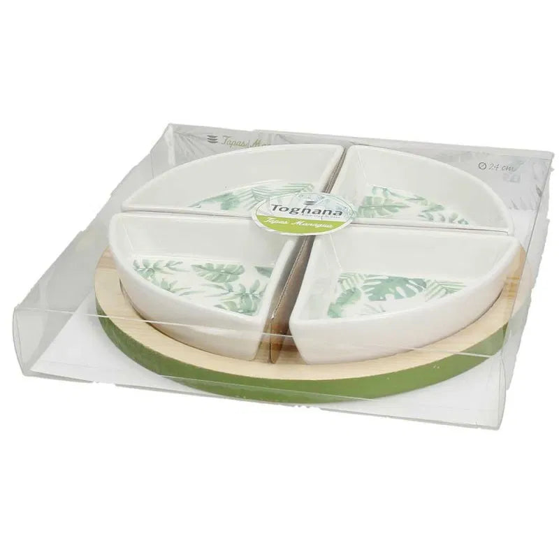 Tognana Tropical-Inspired Porcelain Tapas Set – 4 Premium Bowls with 22 cm Wooden Serving Tray | Elegant, Durable & Restaurant-Grade Serveware
