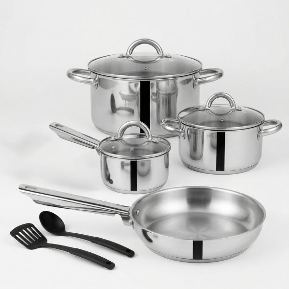 Rossetti Toscana 9-Piece Stainless Steel Cookware Set with Nylon Tools – Induction Ready, Mirror Polish Pots & Pans (Model 1386)