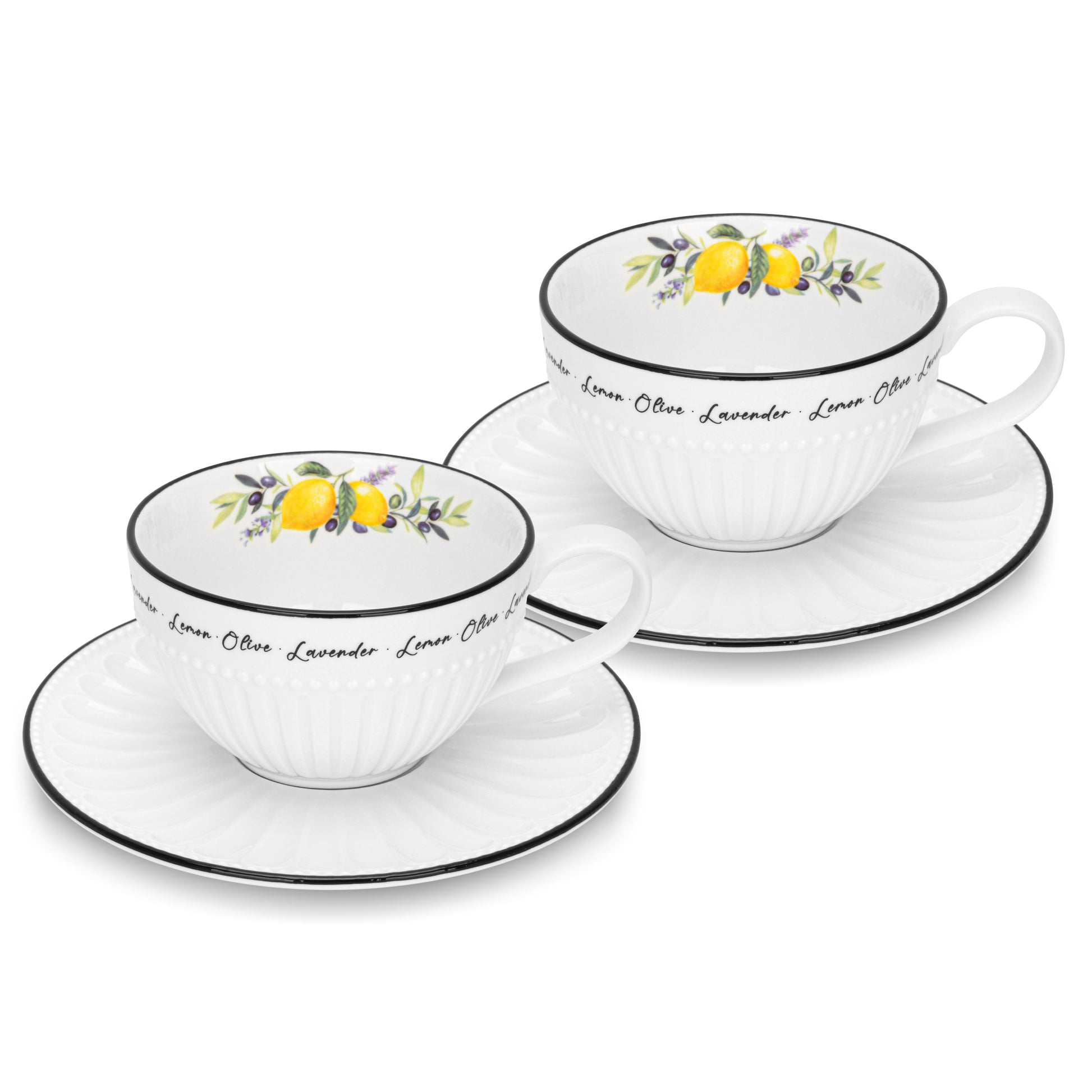 Two ceramic tea cups with floral designs and lemon illustrations on a white background