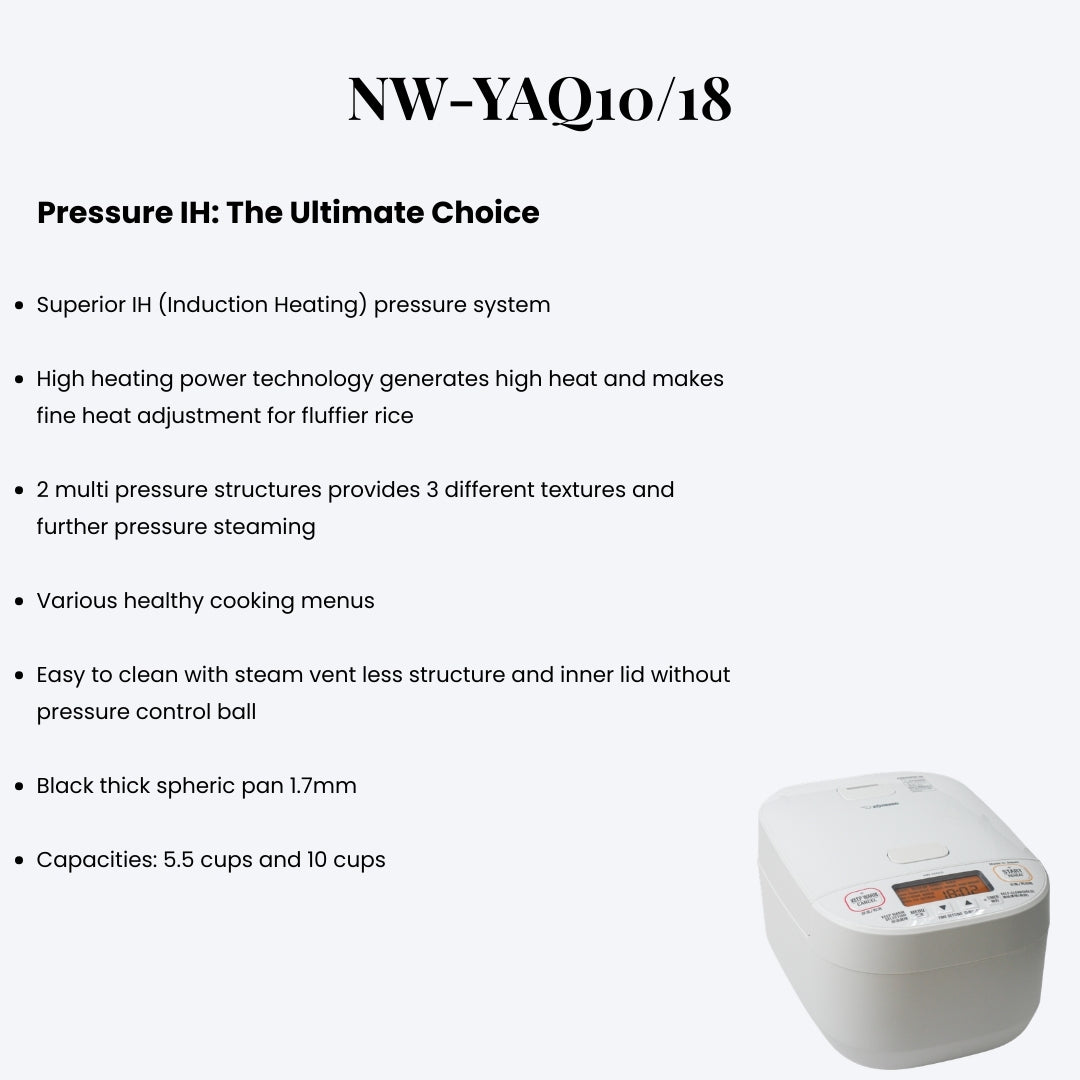 White rice cooker with text detailing features on a white background