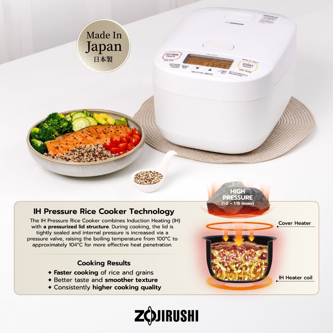 Zojirushi rice cooker with a bowl of food and text about its technology on a white background