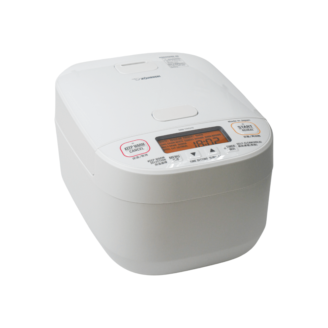 White rice cooker with digital display on a white background